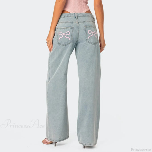 Printed Zipper Front Cowboy Pants Light Blue / S