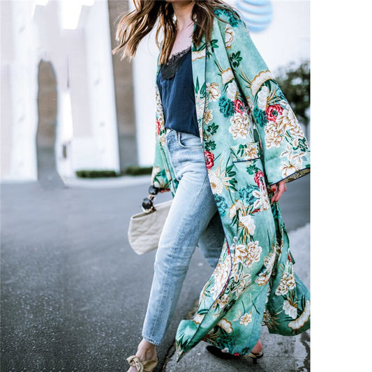 Flowered Bohemian Kimono Full Style with - for Women Chiffon Blouse Top Sleeves