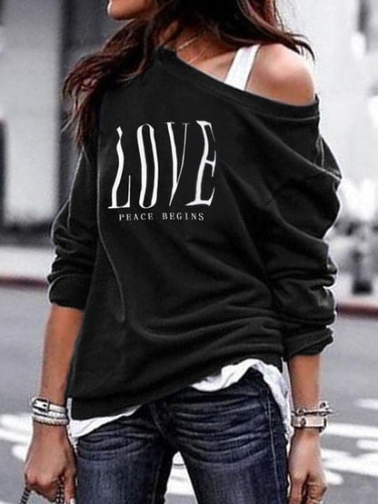 One Sweatshirt Tops Patterned Women's Heart Shoulder Casual Pullover Top