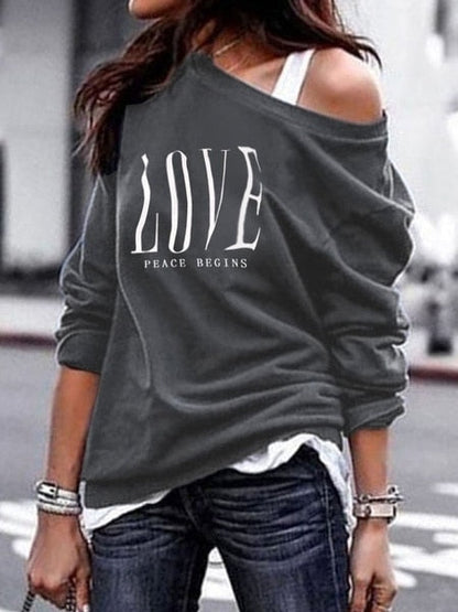 One Sweatshirt Tops Patterned Women's Heart Shoulder Casual Pullover Top