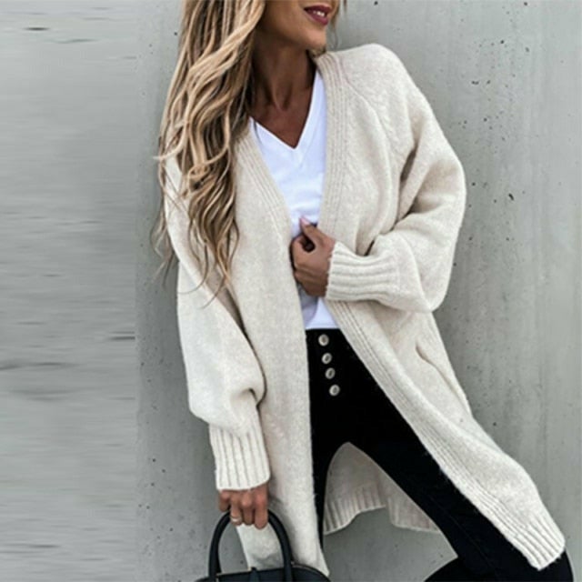 Casual Loose Solid Cardigan Beige cardigan cardigans clothes tops