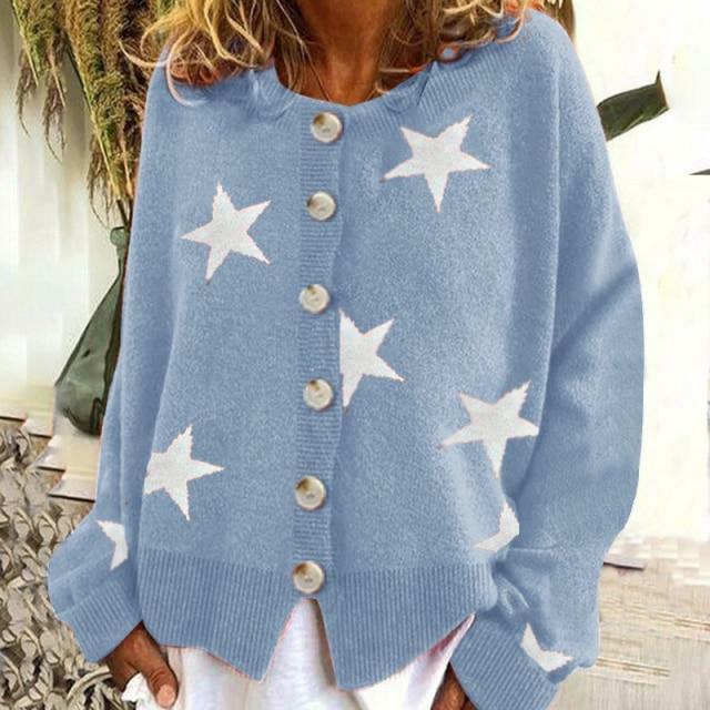 Fashion Star Print Cardigan Sky Blue Best Sellings cardigan cardigans clothes Plus Size Sale tops Topseller