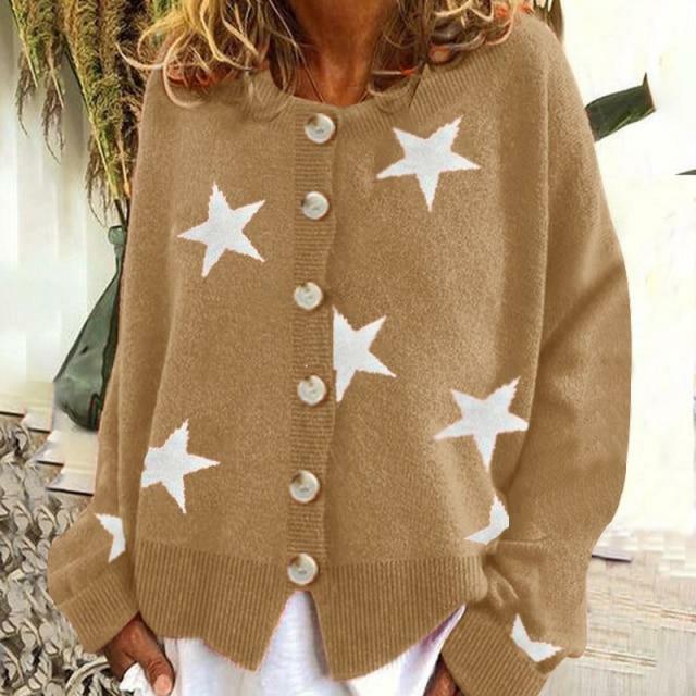 Fashion Star Print Cardigan Khaki Best Sellings cardigan cardigans clothes Plus Size Sale tops Topseller