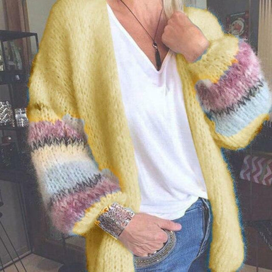 Elegant Striped Knitted Cardigan Yellow cardigan cardigans clothes tops