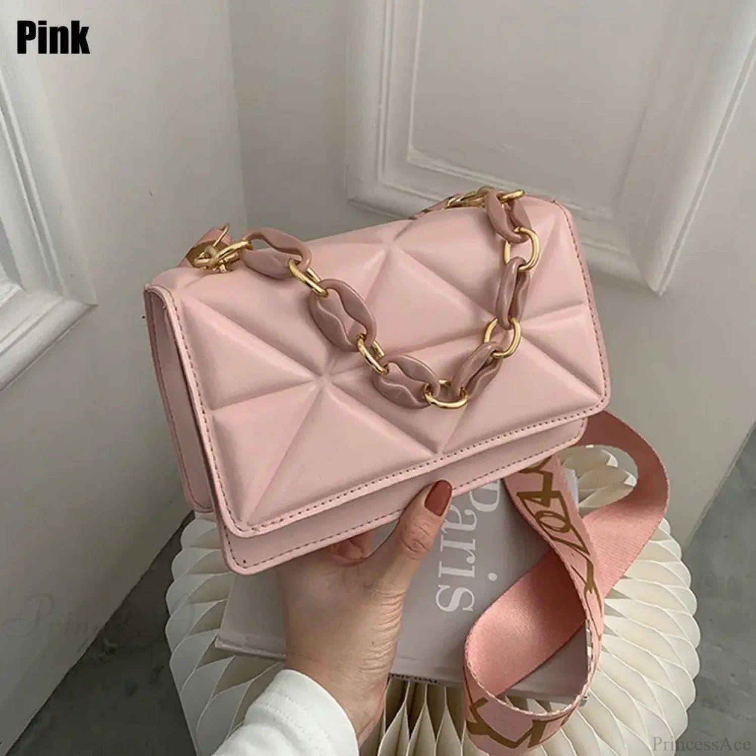 PU Leather Metal Chain Crossbody Bag Pink crossbody-250126