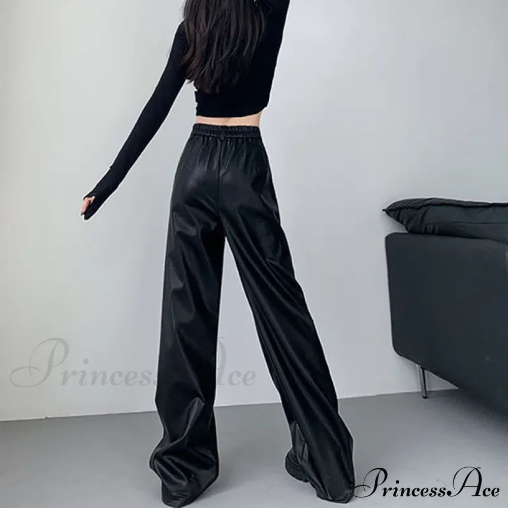 Pu Leather Personality Loose Straight-Leg Casual Spring Autumn Fashion Pants