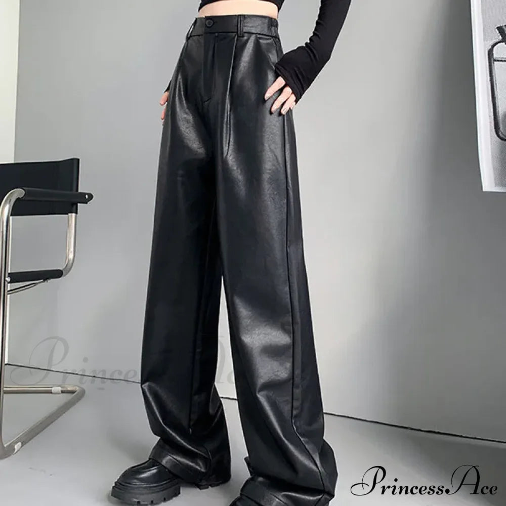 Pu Leather Personality Loose Straight-Leg Casual Spring Autumn Fashion Pants