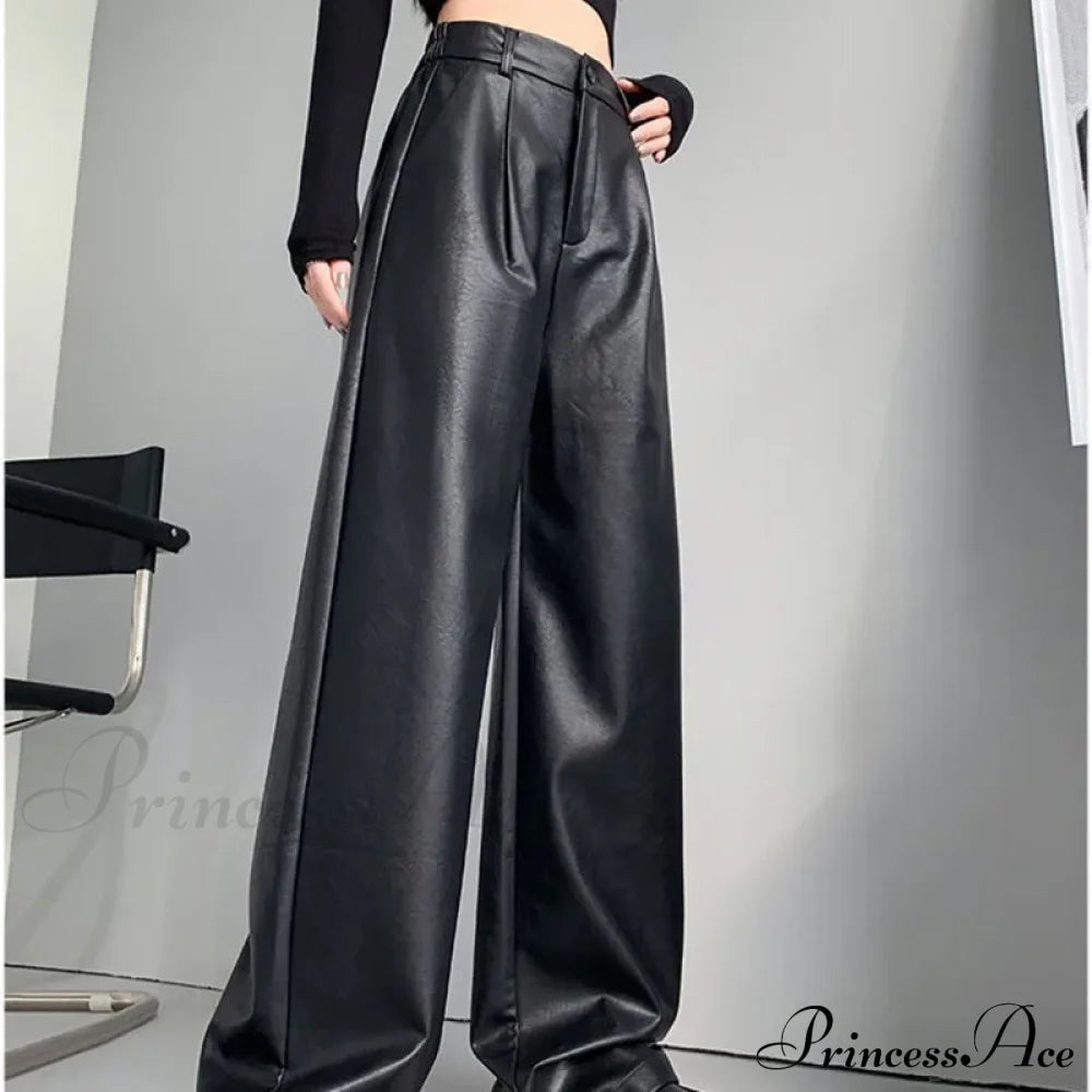 Pu Leather Personality Loose Straight-Leg Casual Spring Autumn Fashion Pants