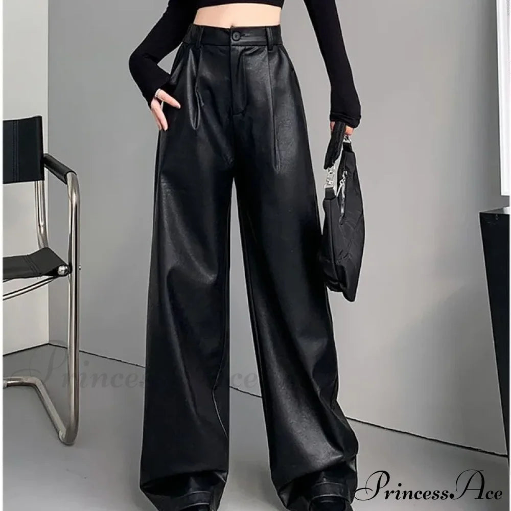 Pu Leather Personality Loose Straight-Leg Casual Spring Autumn Fashion Pants