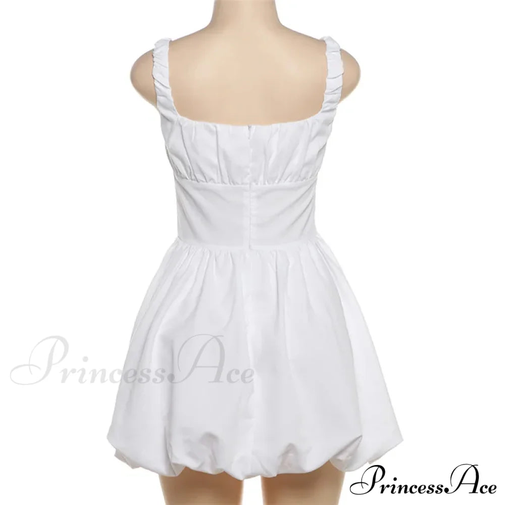 Puff Flare Square Charming Neck Strap Mini Dress Solid