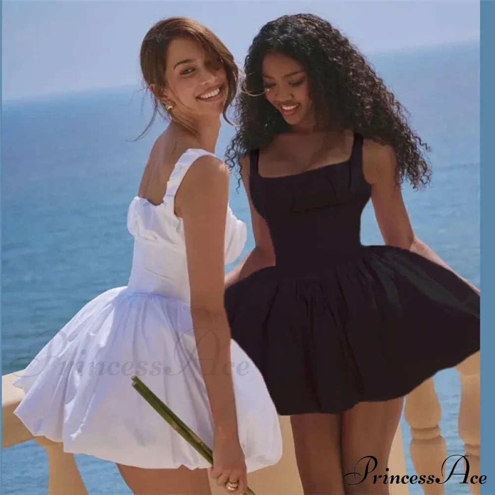 Puff Flare Square Charming Neck Strap Mini Dress Solid