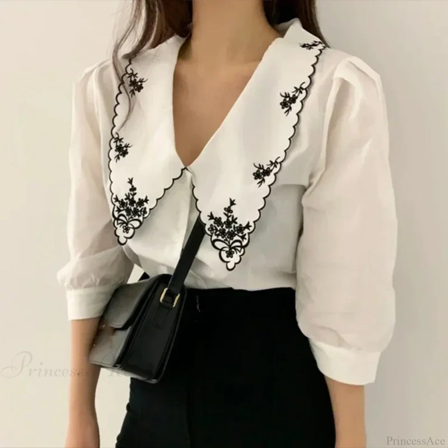 Puff Long Sleeve Floral Embroidery Blouse blouse-250223