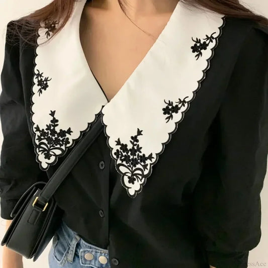 Puff Long Sleeve Floral Embroidery Blouse blouse-250223