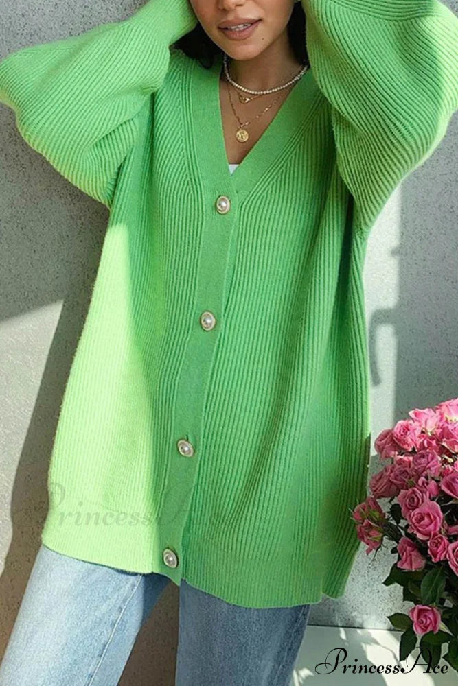 Puff Sleeve Cardigan With Pearl Buttons Green / S Cardigans