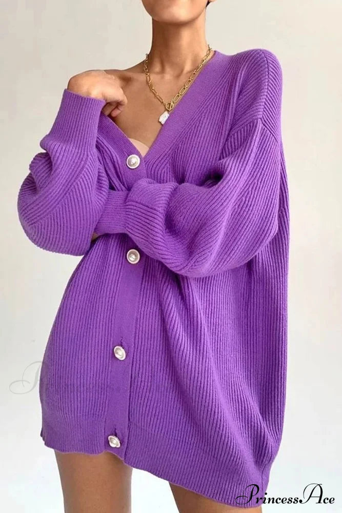 Puff Sleeve Cardigan With Pearl Buttons Purple / S Cardigans