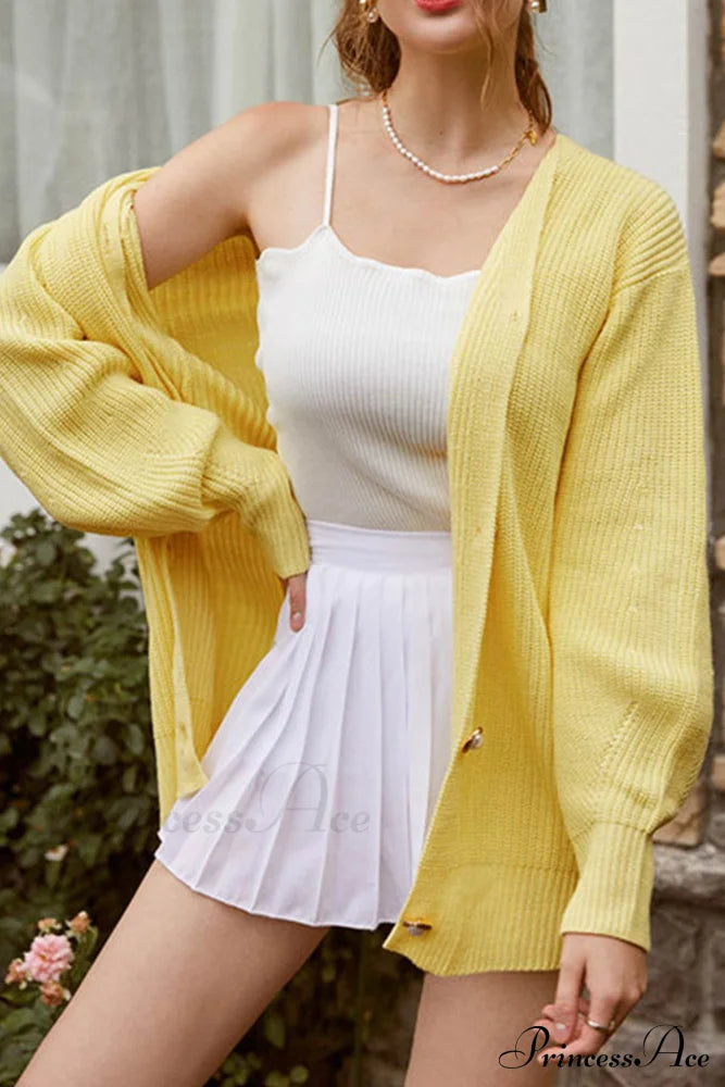 Puff Sleeve Cardigan With Pearl Buttons Yellow / L Cardigans