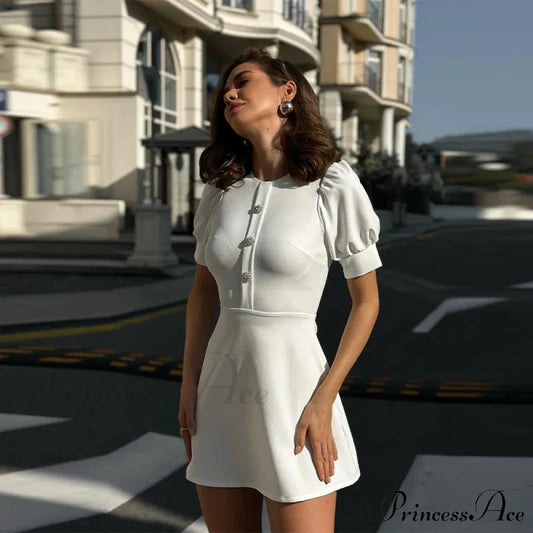 Puff Sleeve Collar Charming Ribbed Mini Dress Solid