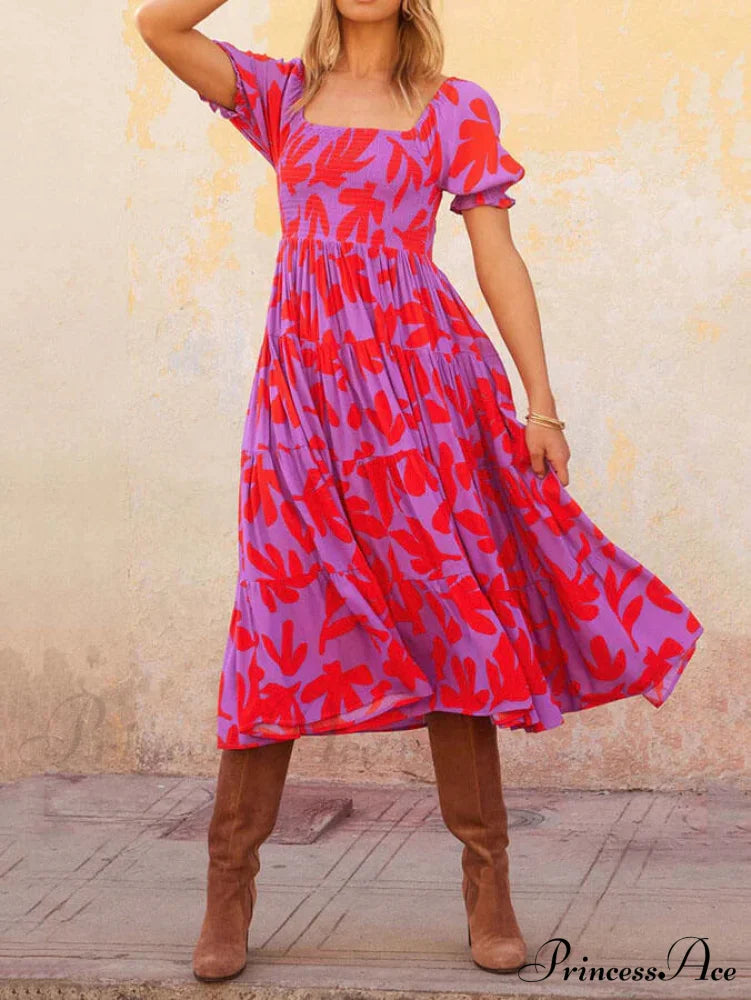 Puff Sleeve Square Charming Neck Printed Midi Dress Pink / S Dresses