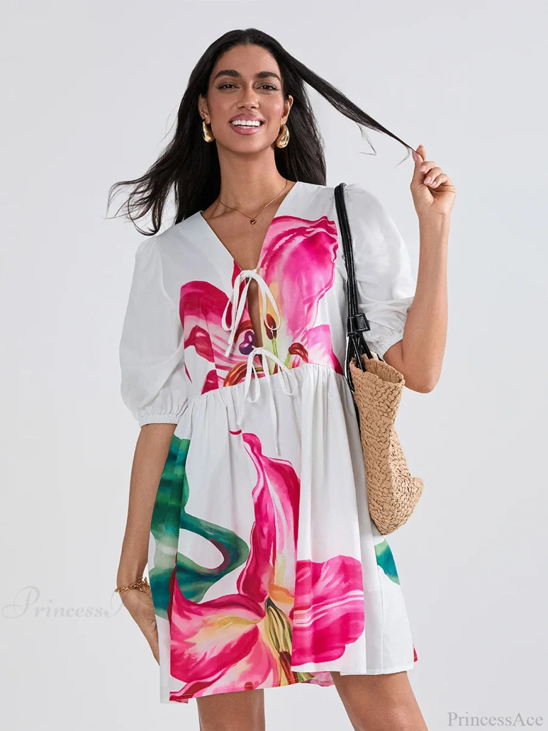 Puff Sleeve Tie-up A-Line Mini Floral Dress floraldress-250126