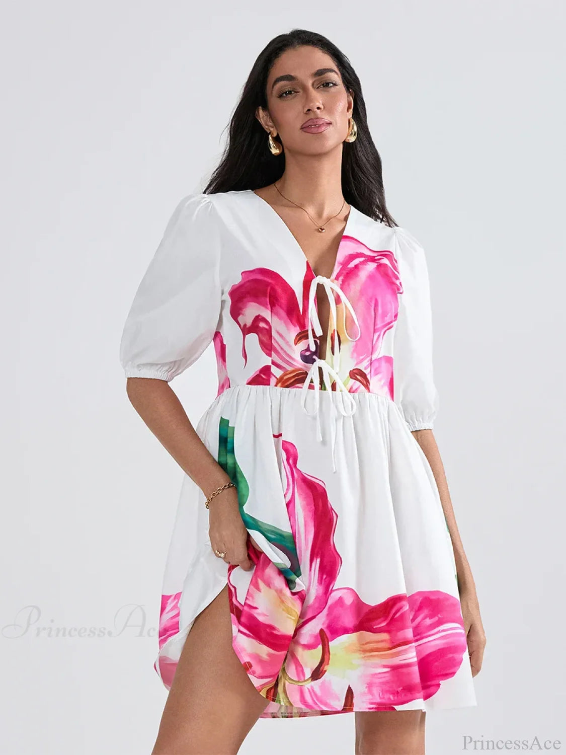 Puff Sleeve Tie-up A-Line Mini Floral Dress floraldress-250126