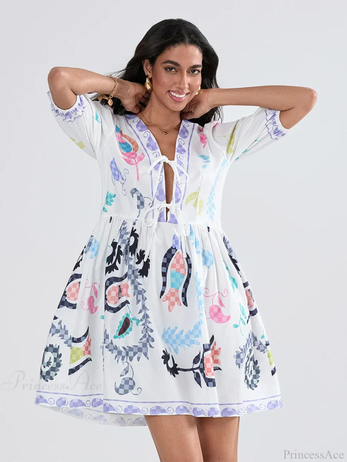 Puff Sleeve Tie-up A-Line Mini Floral Dress floraldress-250126