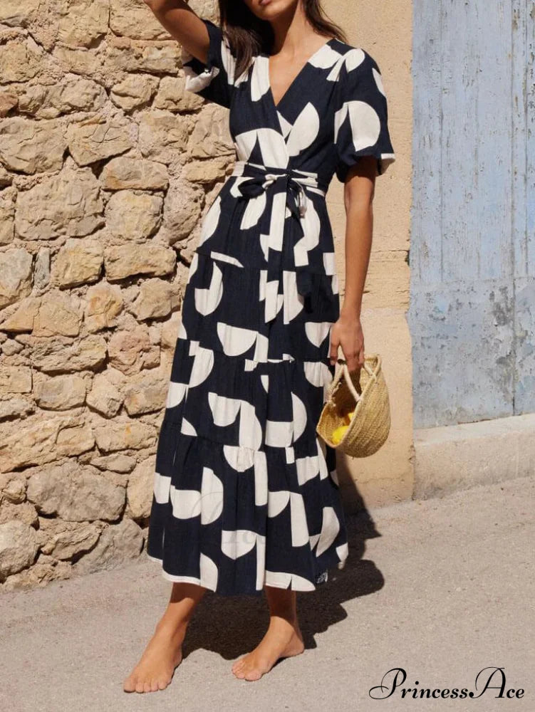 Puff Sleeve V-Neck Charming Geometric Print Midi Dress Black / S Dresses