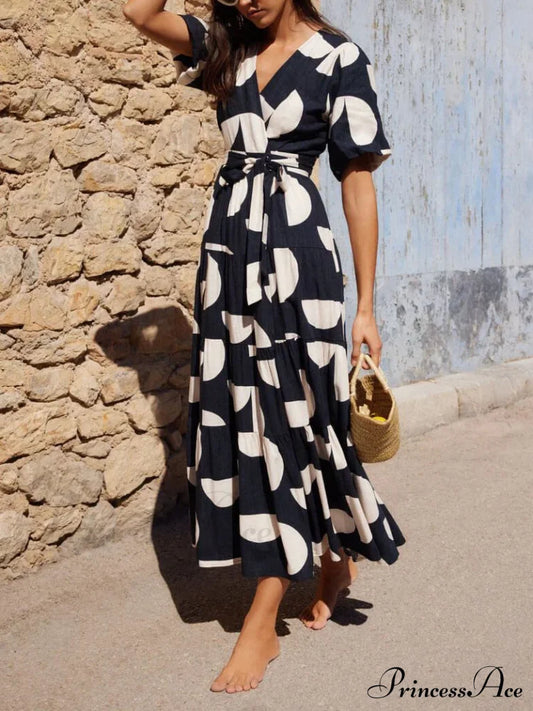 Puff Sleeve V-Neck Charming Geometric Print Midi Dress Dresses