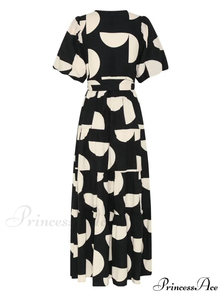 Puff Sleeve V-Neck Charming Geometric Print Midi Dress Dresses