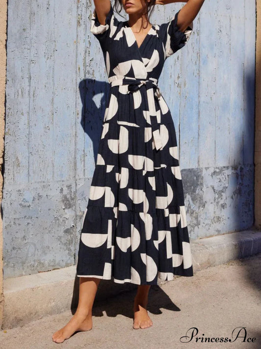 Puff Sleeve V-Neck Charming Geometric Print Midi Dress Dresses