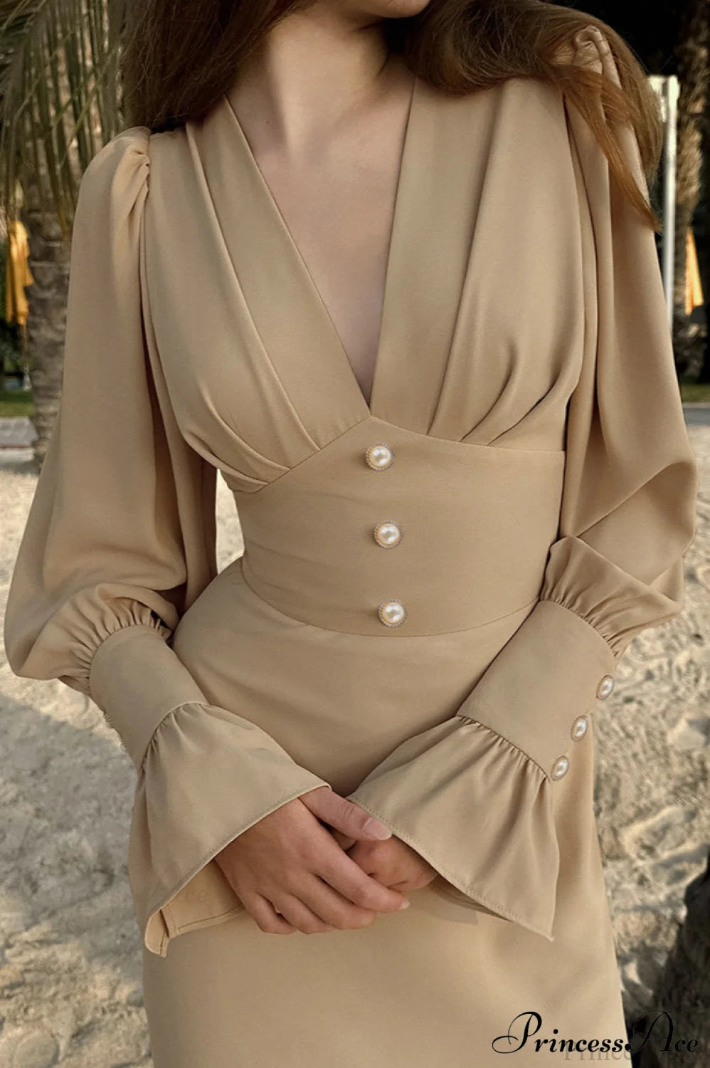 Puff Sleeve V Neck Vintage Slim Maxi Dress