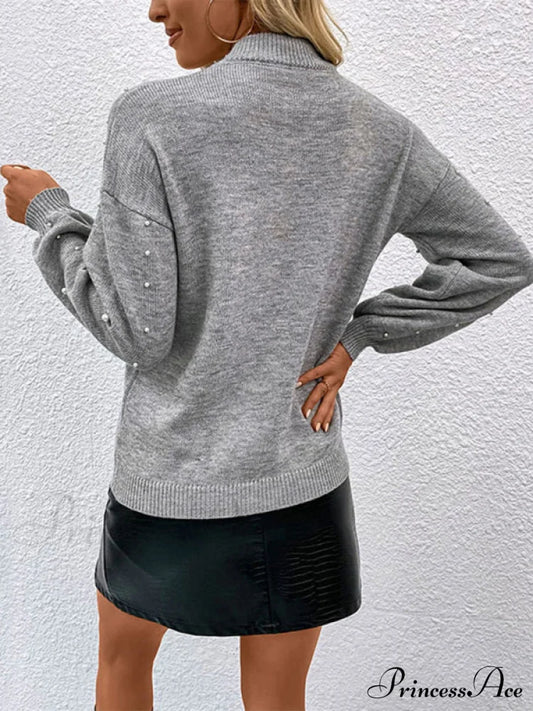 Pullover With Sweater Pearl Solid Color Loose Bead Detailing Sweaters-L