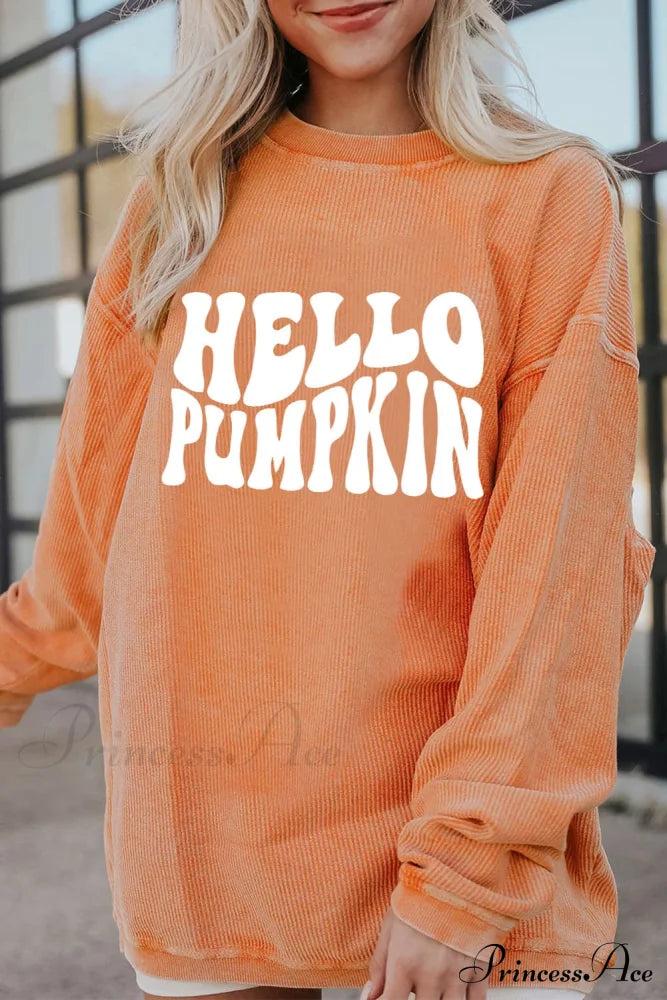 Round Neck Dropped Shoulder HELLO PUMPKIN Graphic Sweatshirt Pumpkin clothes long sleeve Ship From Overseas sweatshirt SYNZ tops trend