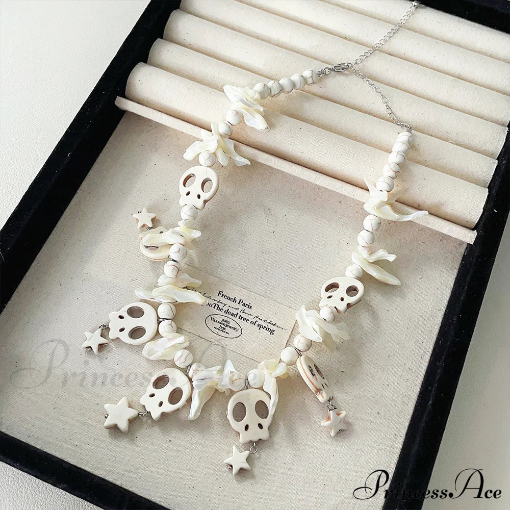 Punk Bow Skull Beaded Cross Star Pendant Necklace White Halloween