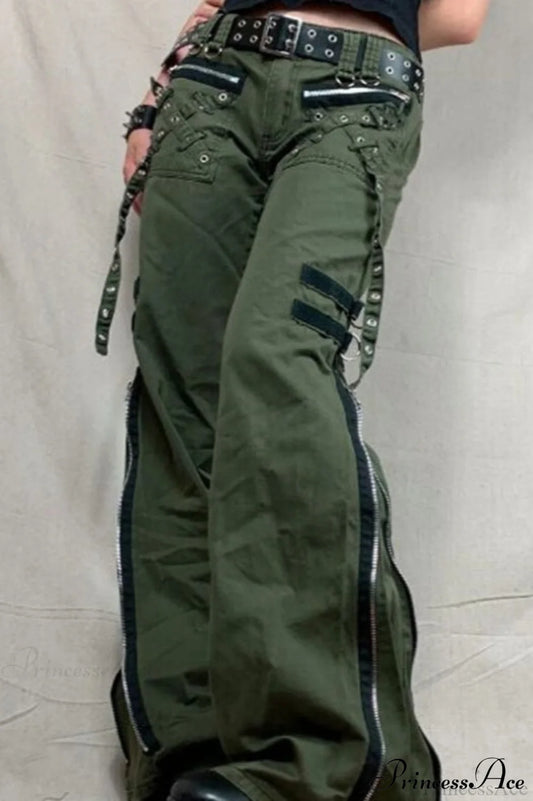 Punk Flared Low Waist Zipper Split Cargo Pants