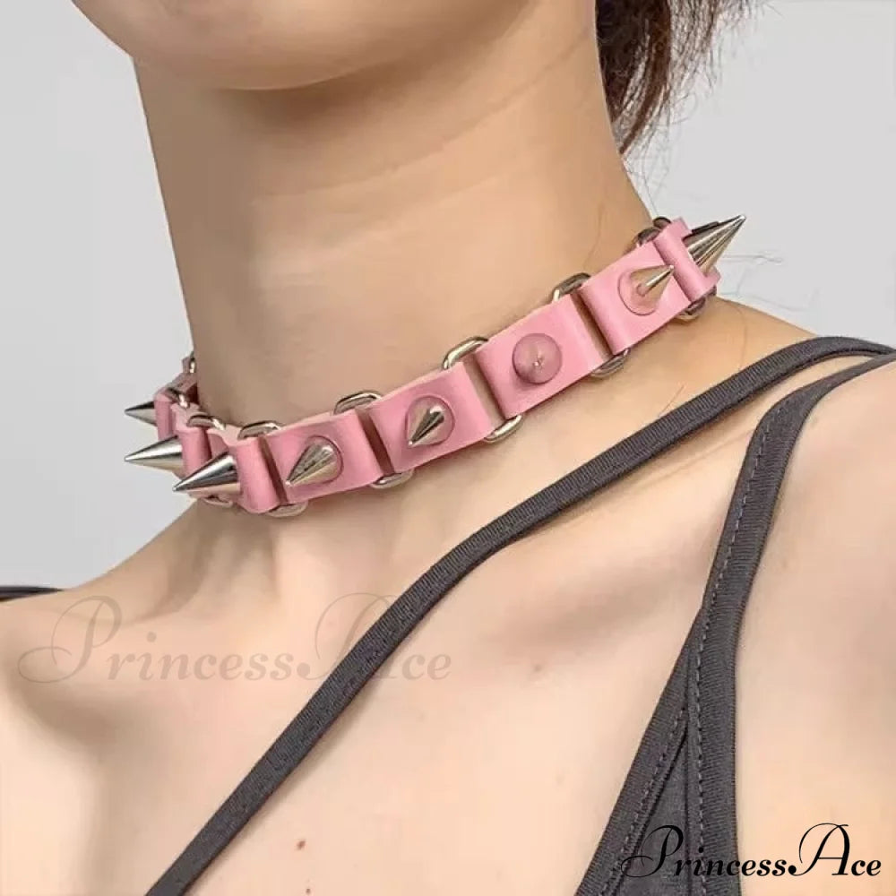 Punk Gothic Rivet Choker Leather Necklace Pink Halloween