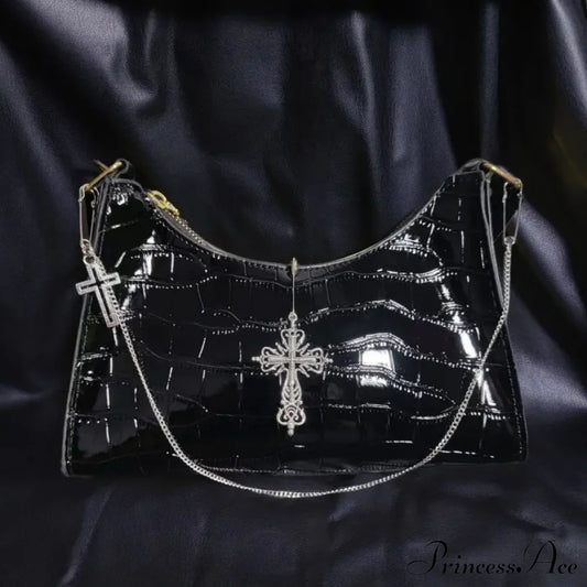 Punk Gothic Y2K High Street Cross Chains Crocodile Pattern Green Underarm Bag Black Halloween