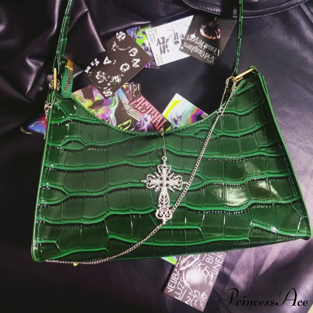 Punk Gothic Y2K High Street Cross Chains Crocodile Pattern Green Underarm Bag Halloween