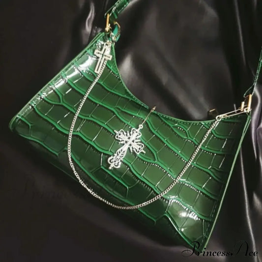 Punk Gothic Y2K High Street Cross Chains Crocodile Pattern Green Underarm Bag Halloween