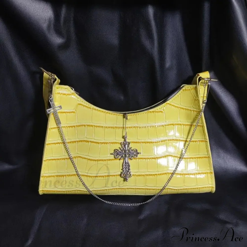 Punk Gothic Y2K High Street Cross Chains Crocodile Pattern Green Underarm Bag Yellow Halloween