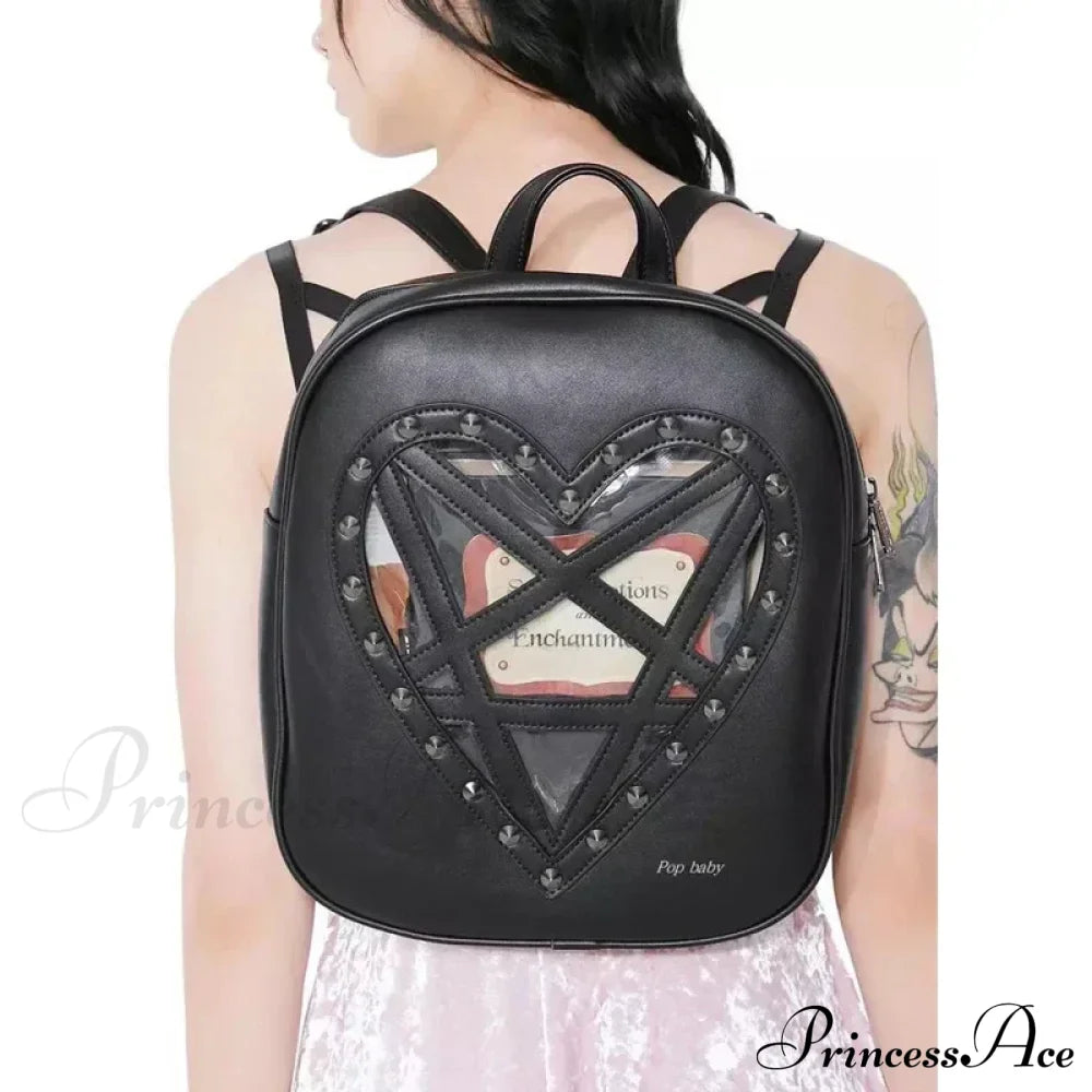 Punk Rock Black Pu Leather Hollow Out Pentacle Heart Gothic Cosplay Bag Halloween