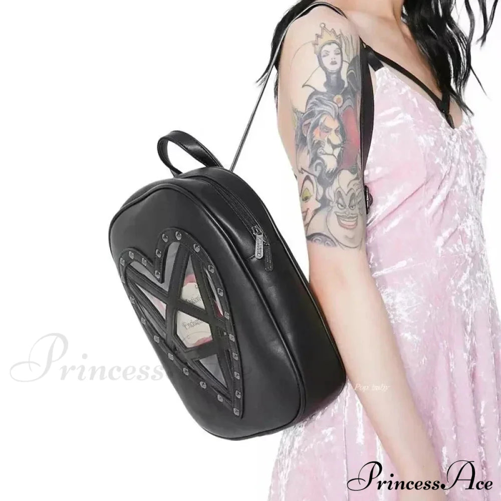 Punk Rock Black Pu Leather Hollow Out Pentacle Heart Gothic Cosplay Bag Halloween