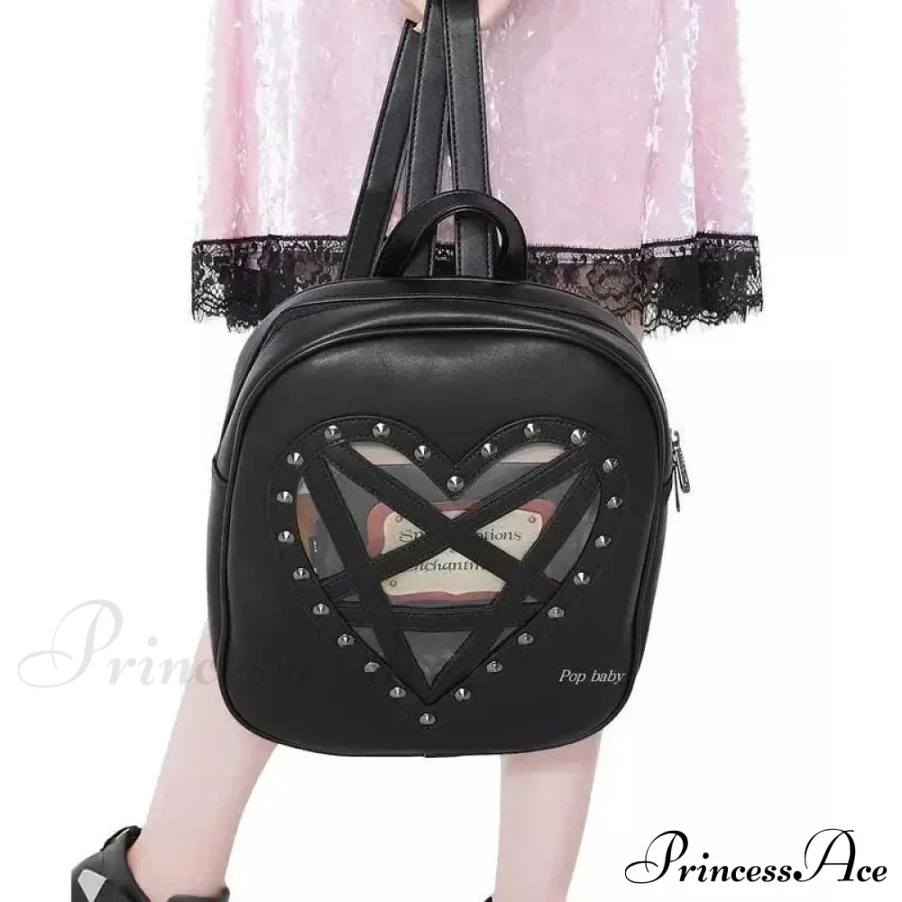 Punk Rock Black Pu Leather Hollow Out Pentacle Heart Gothic Cosplay Bag Halloween