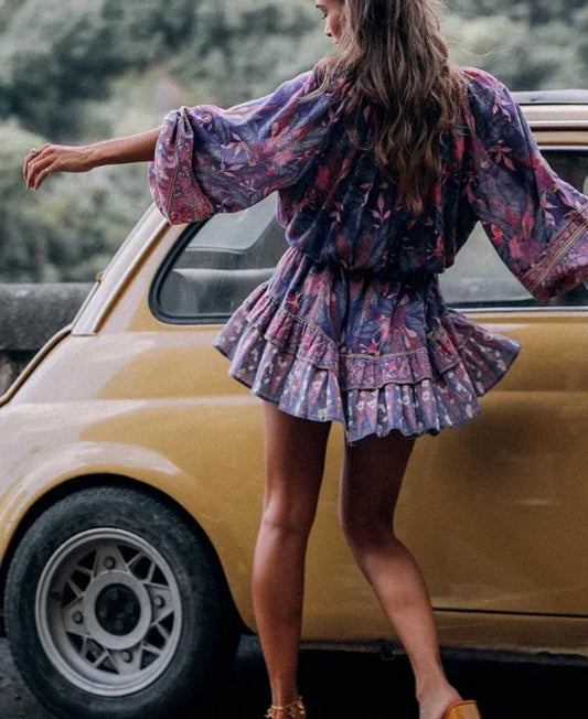 Purple Floral Elastic Waist Long Sleeve Mini Boho Dress bohodress-250126