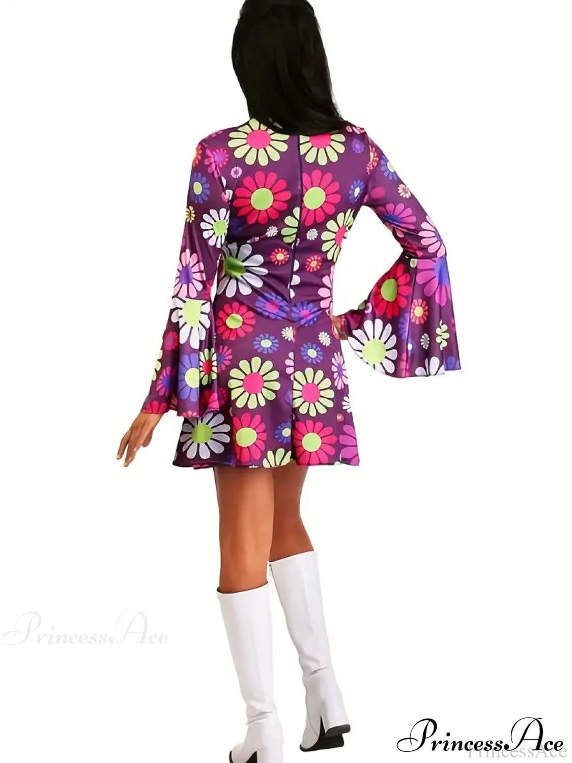 Purple Floral Flared Long Sleeve Party Dress M / Yellow Purple High Neck Maxi Dress