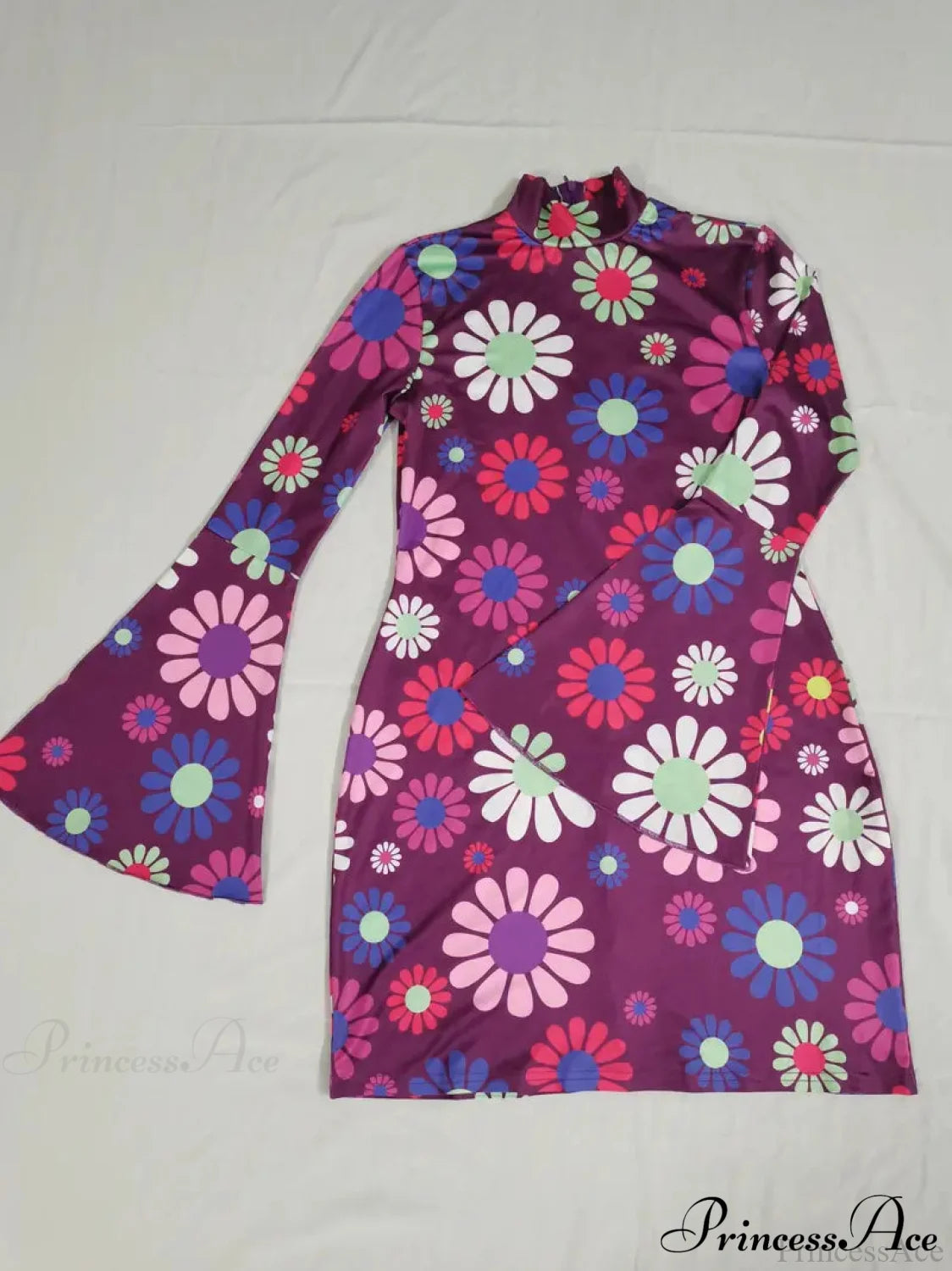 Purple Floral Flared Long Sleeve Party Dress M / Purple High Neck Maxi Dress