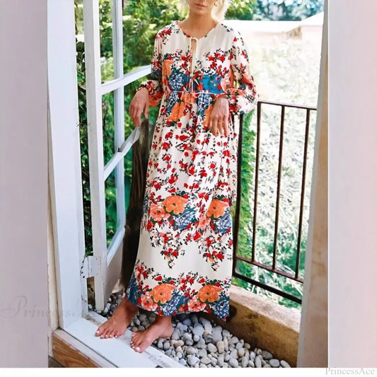 Purple Floral Lace-up V-neck Rayon Maxi Boho Dress red / S bohodress-250126