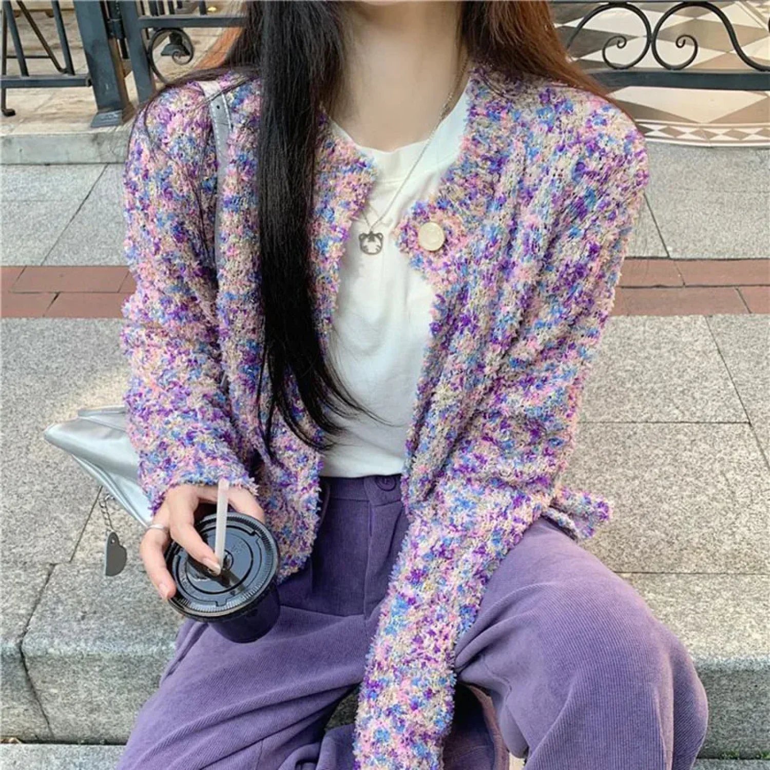 Purple Floral Lazy Wind Loose Knit Cardigan cardiagn-250126