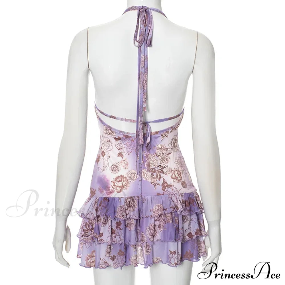 Purple Printed Deep Neck Graceful Frill Mini Strap Dress Floral Print