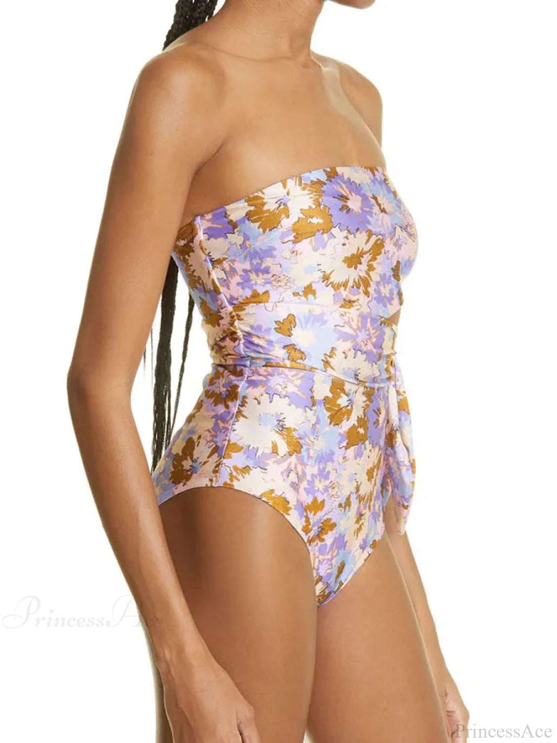 Purple Yellow Flower Print Wrap Bodice One Piece onepiece-250223