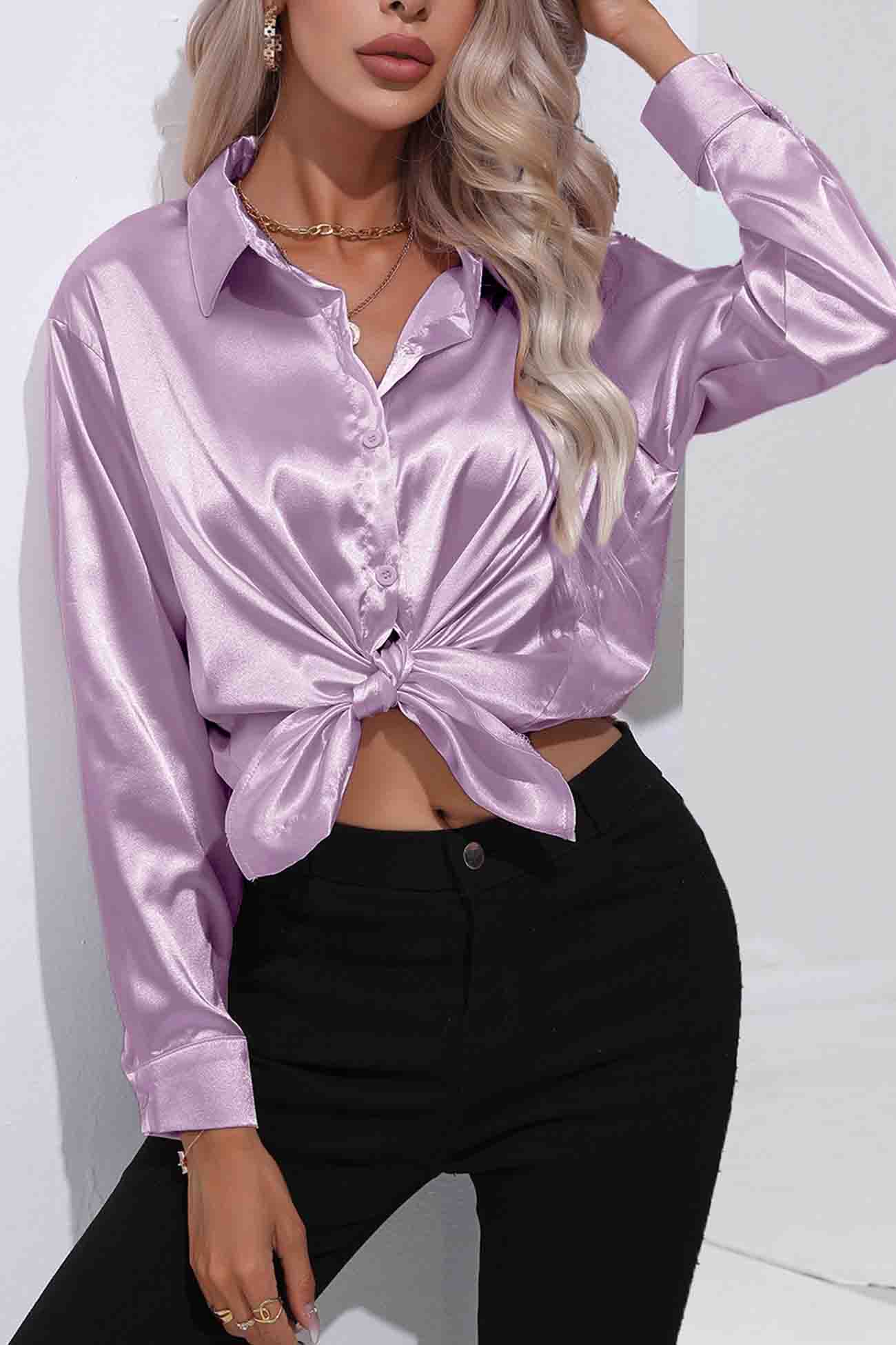 Satin Button Up Blouse with Lapel